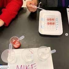 View of students' hands doing experiment on table